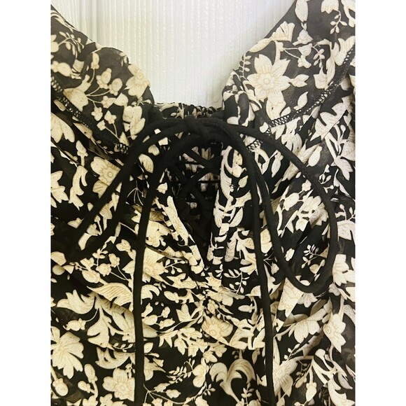 Mable Black Beige Floral Rouched Cropped Top Medium M Balloon Sleeve - Picture 6 of 9